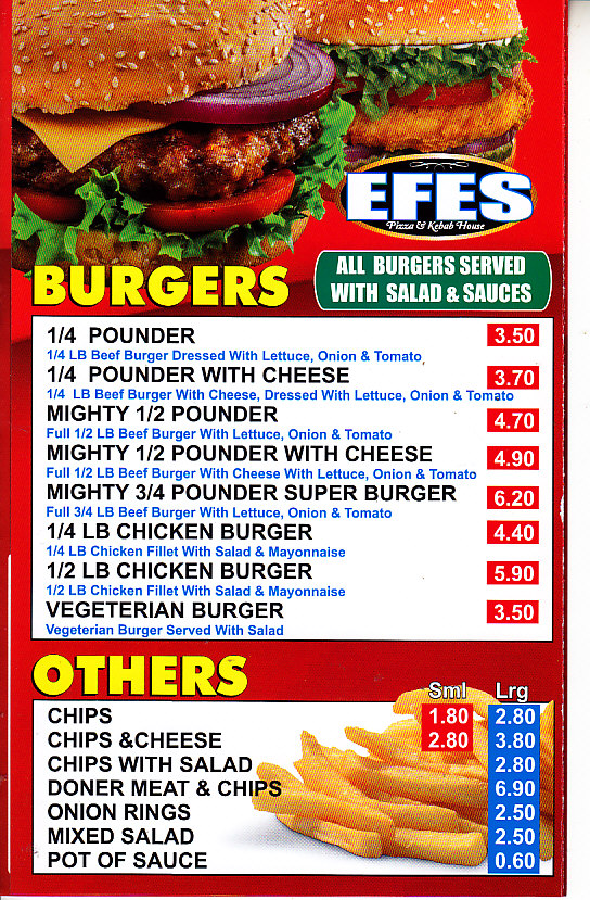 Efes menu in Shrewsbury