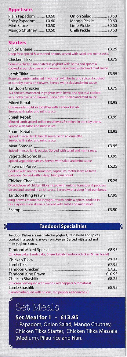 Tandoori Menu in Oswestry