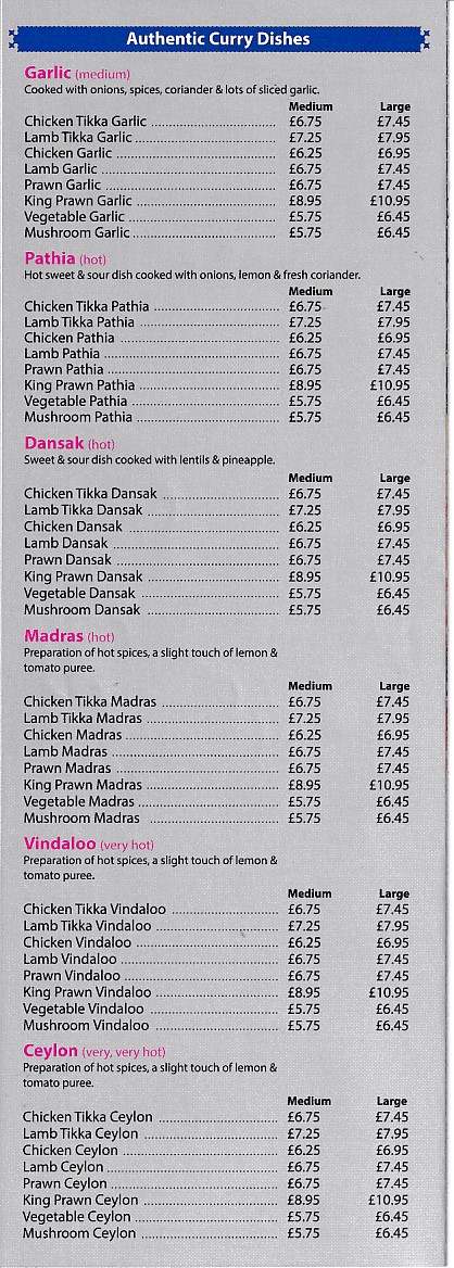 Tandoori Menu in Oswestry