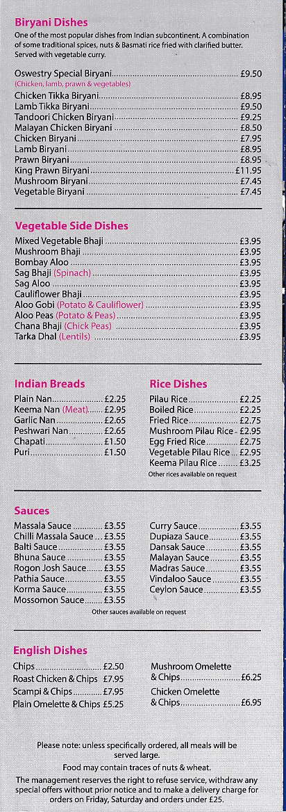 Tandoori Menu in Oswestry