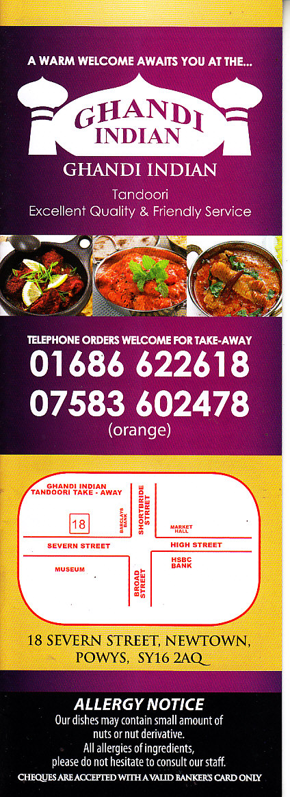 Ghandi Indian menu in Newtown SY16