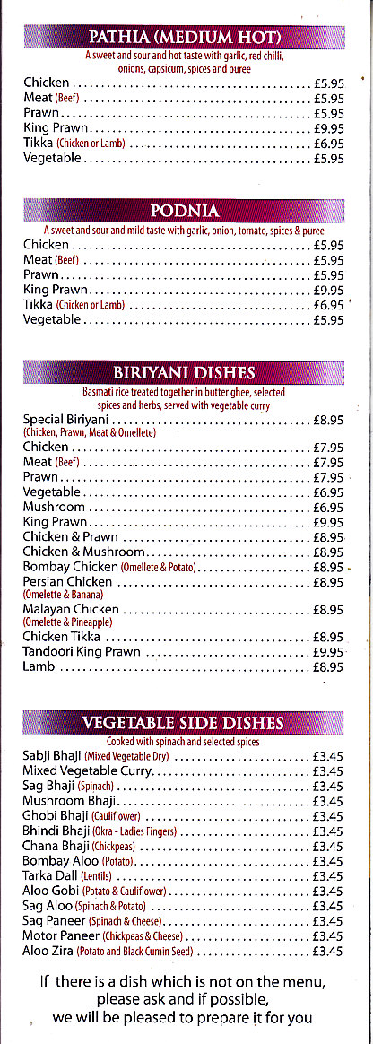 Ghandi Indian menu in Newtown SY16