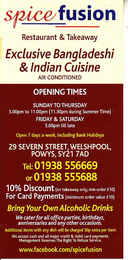 Spice Fusion Indian menu in Welshpool