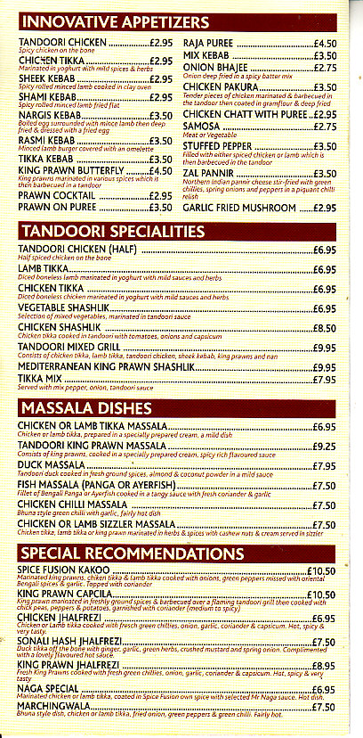 Spice Fusion Indian menu in Welshpool