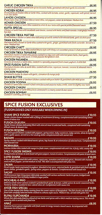 Spice Fusion Indian menu in Welshpool