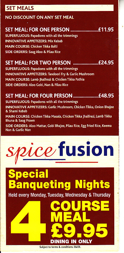 Spice Fusion Indian menu in Welshpool