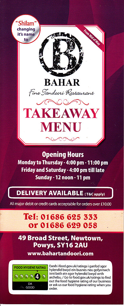 Bahar tandoori menu in Newtown SY16