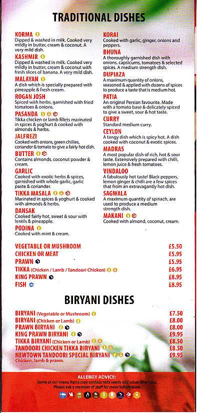 Newtown Tandoori menu in Newtown SY16