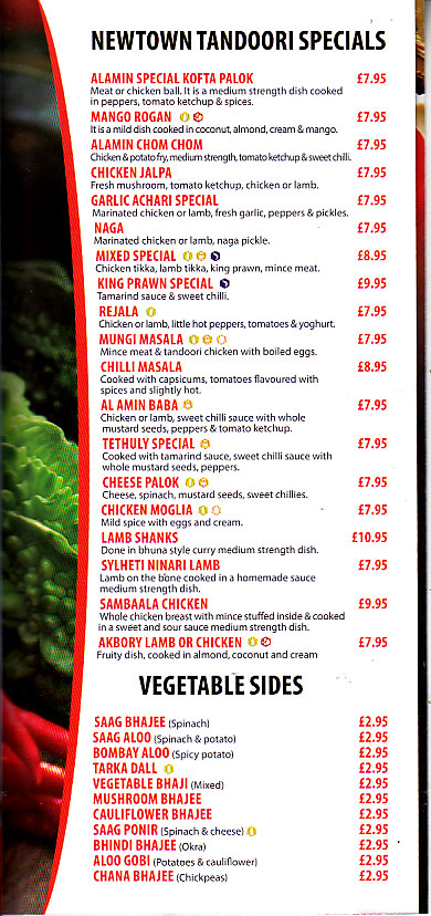 Newtown Tandoori menu in Newtown SY16